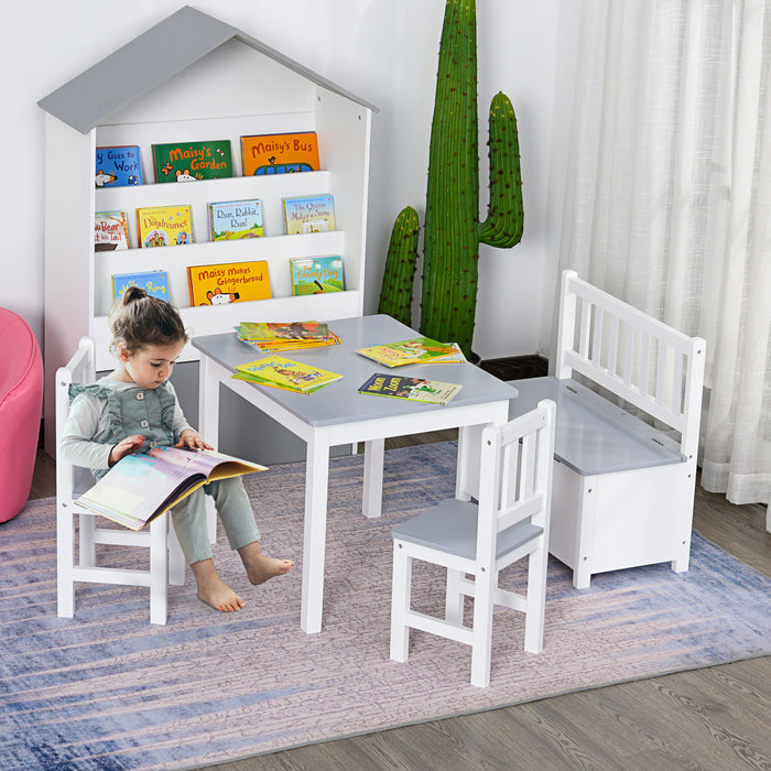 Qaba Ensemble De 4 Chaises De Table En Bois Pour Enfants Avec Fonction De Rangement, Facile A Nettoyer, Cadeau Pour Filles, Garcons, Tout-petits A Partir De 3 Ans Gris Et Blanc