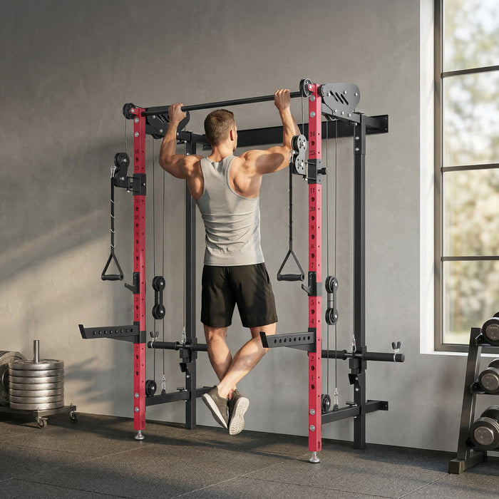 Soozier Rack de Musculation Pliable, Rack Multifonction avec Barre de Traction, Rouge