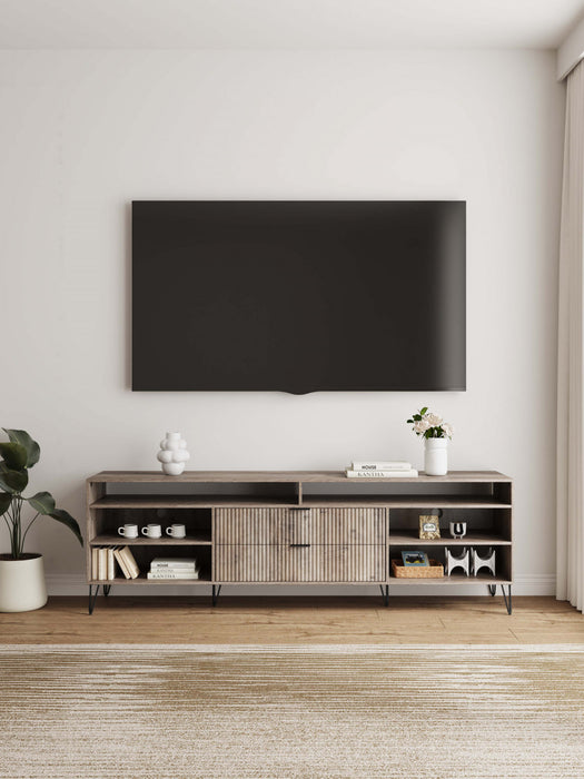 Meuble TV moderne Dumbo 85\" a cannelures, gris rustique