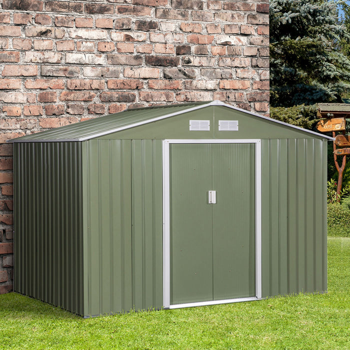 Outsunny Abri De Rangement En Metal 9' X 6', Maison A Outils De Jardin Avec Doubles Portes Coulissantes, 4 Bouches D'aeration Pour Jardin, Patio, Vert