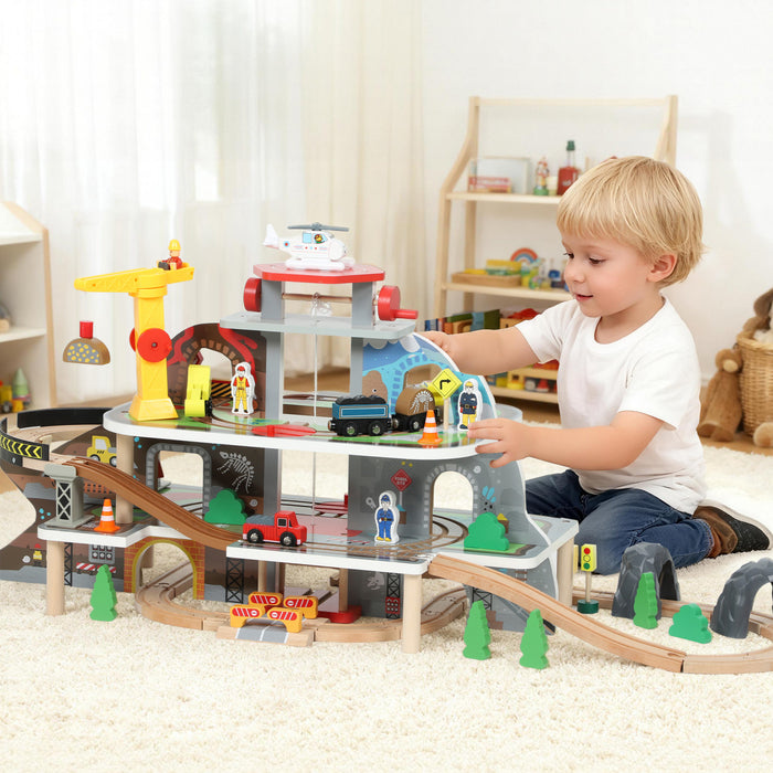Qaba Wooden Train Set, 79 Pcs Toy Railway Set Mine Themed with Track, Crane, Helicopter & Accessories, STEM Toys Gift for Kids Toddlers, Boys & Girls 3+ Years