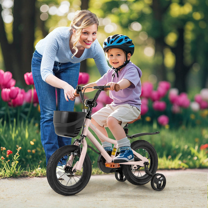 Costway 12\" Velo Pour Enfants Avec Roues D'entrainement Guidon Reglable Et Frein A Main De Siege Rose