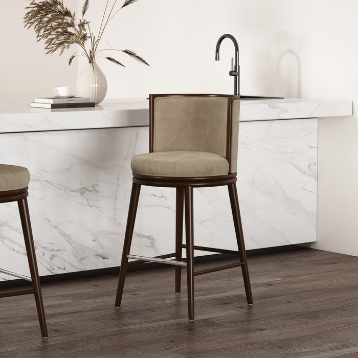 Tabouret de bar moderne en bois avec assise rembourree Evalyn, finition naturelle