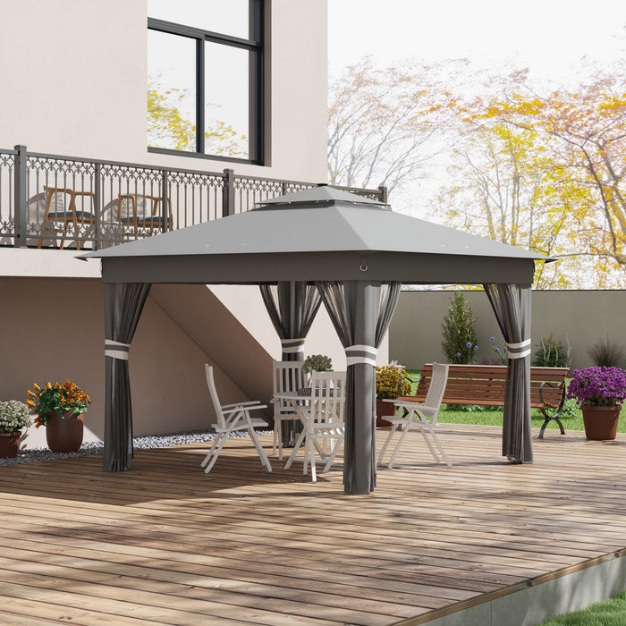 Outsunny 11x11ft Pop Up Canopy Tent With Sides, 20 Solar-powered Led Lights, Curtains, Netting, Roller Bag, 4 Weight Bags, Height Adjustable Instant Sun Shelter For Outdoor, Garden, Patio, Grey (abri Solaire Instantane Reglable En Hauteur Pour L'exterieur, Le Jardin, Le Patio)
