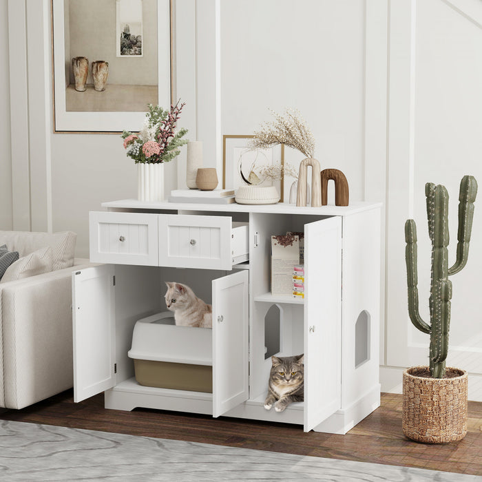 Pawhut Bac A Litiere Pour Chat, Bac A Litiere Cache, Maison D'interieur Pour Chat Avec Tiroir, Rangement, Kit Anti-basculement, Toilettes Pour Chat Pour Salon, Chambre A Coucher, Blanc
