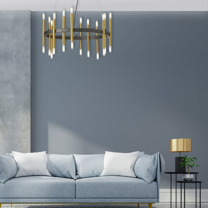 Lustre Derry de Dainolite avec fini noir mat et laiton vieilli et 24 ampoules