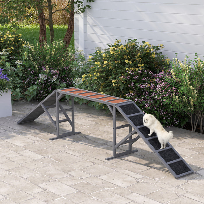 PawHut Equipement d’Agilite pour Chien en Bois, Rampe d’Escalade avec Barre de Securite, Surface Antiderapante, Parcours d’Obstacle pour Parc, Jardin, Entrainement de Marche et de Pause, Gris