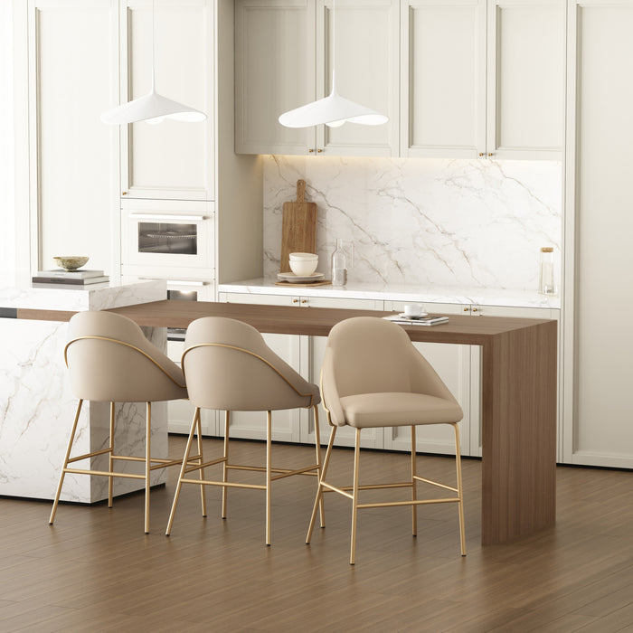 Tabouret de comptoir moderne en metal Gracie avec revetement en tissu, couleur beige et or - Lot de 3