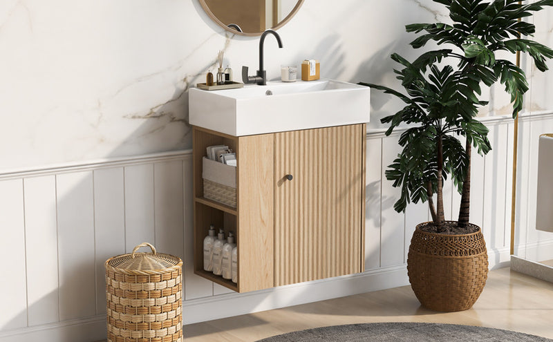 Camille Meuble de salle de bain flottant avec vasque en ceramique et rangement cote gauche, Naturel