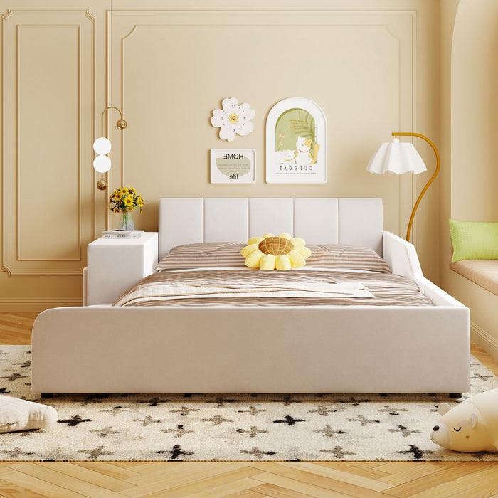 Lit Lily en velours rembourre avec bureau et tabouret, taille Full, beige