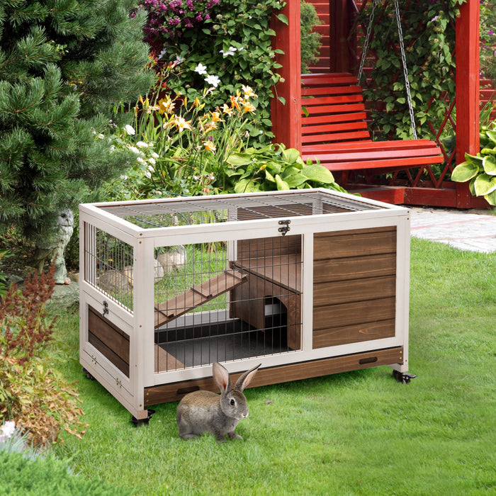Pawhut Cage D'interieur En Bois Pour Lapins Habitat De Cage Sureleve Avec Bac Anti-fuite, Parcours Ferme Avec Roues, Ideal Pour Les Lapins Et Les Cochons D'inde, Marron