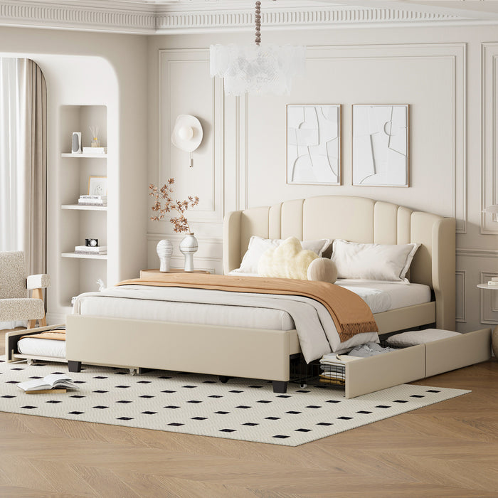 Lit plateforme Jean rembourre avec tete de lit a oreilles et tiroirs de rangement, taille queen, beige