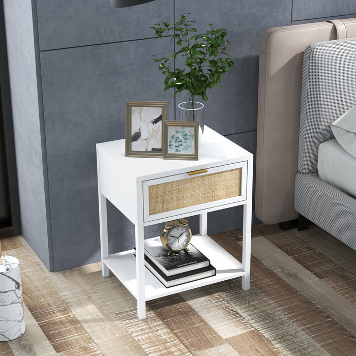HOMCOM Table de chevet avec tiroir, etagere ouverte et element en rotin