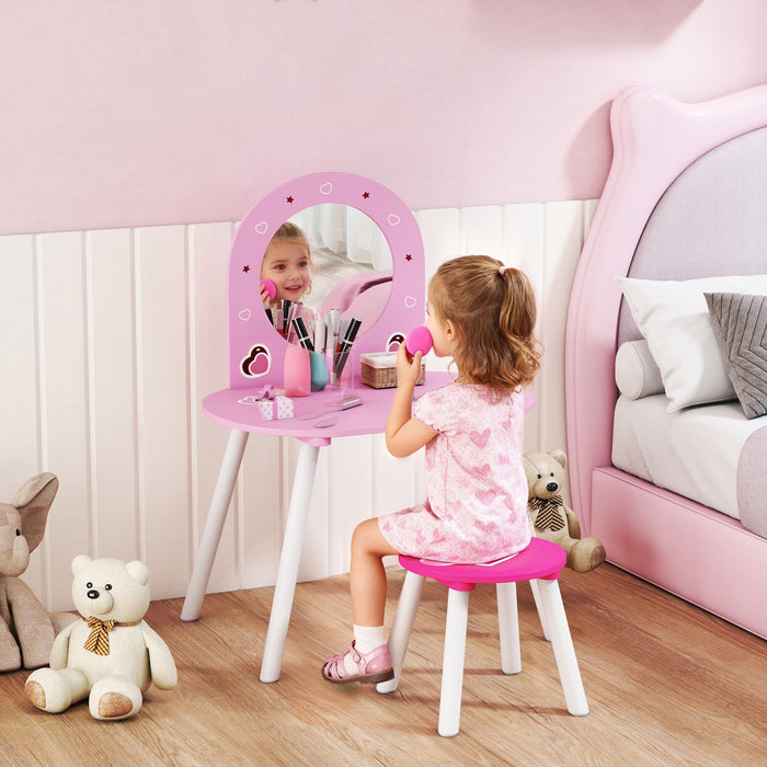 Qaba Ensemble de Coiffeuse pour Enfants avec Miroir et Tabouret, Table de Maquillage pour Petites Filles avec Motif de Cœur pour Chambre, pour les 3 a 6 Ans, Rose
