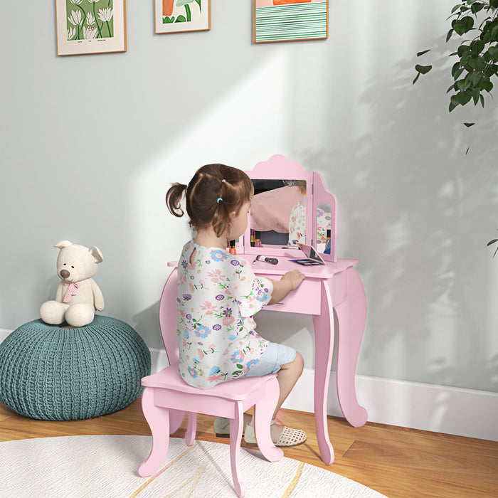 Qaba Coiffeuse Et Tabouret Pour Enfants Coiffeuse Pour Filles Bureau De Maquillage Avec Miroirs Tri-pliants Tiroir Motif Etoile Et Cœur Rose