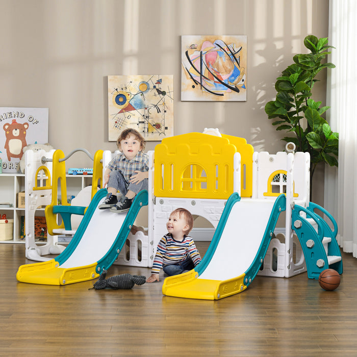 Qaba Ensemble toboggan et balancoire 8 en 1 avec panier de basket, grimpeur, balancoire pour bebe, aire de jeux interieure avec allee, volant, telescope, pour les 1 a 3 ans, jaune