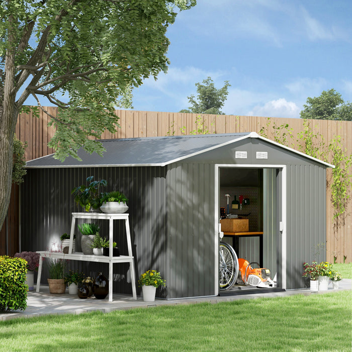 Outsunny Abri De Jardin 9'x10,6' Avec Kit De Fondation En Acier, Gris Clair