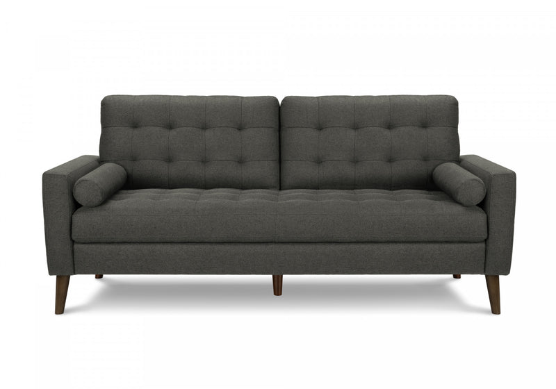 Sofa Rembourre, 75\"L, Coussins Decoratifs, Pieds En Bois Massif, Tissu Gris Fonce, Moderne