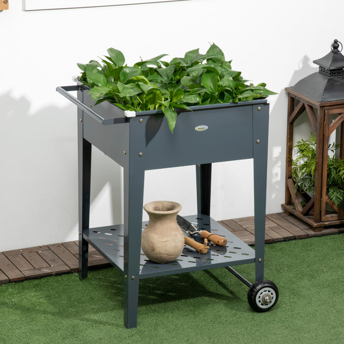 Outsunny Lit De Jardin Sureleve Avec Roues, 25\"x 22\" X 31\" En Acier Galvanise Avec Pieds Et Etagere De Rangement Pour Jardin Exterieur, Terrasse Pour Cultiver Des Legumes, Des Herbes, Des Fleurs, Gris