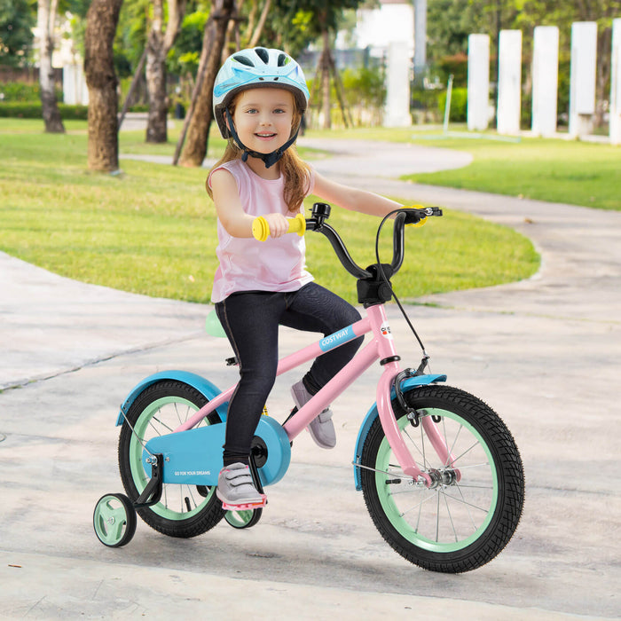 Costway 14\" Velo Pour Enfants Avec Guidon Reglable De Selle Roues D'entrainement Amovibles Frein A Main Rose