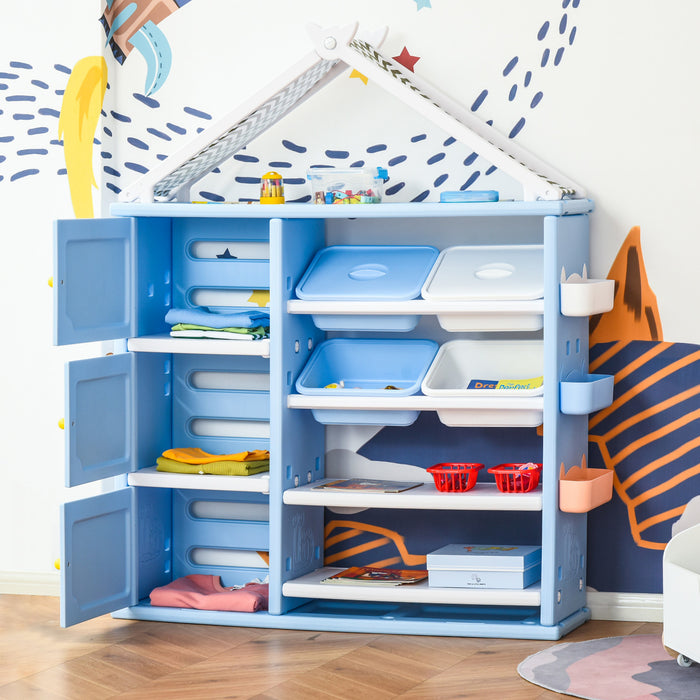 Qaba Meuble De Rangement Pour Enfants Etagere Pour Jouets Avec Etageres Placards De Rangement Boites De Rangement Et Paniers De Rangement Grande Capacite Materiau Pe 50.5\" X 13.5\" X 61\" Bleu