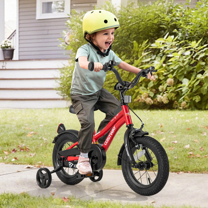 Costway 12\" Velo Pour Enfants De 3 A 4 Ans Garcons Et Filles Avec Reflecteurs Reglables De Frein A Main De Siege Rouge