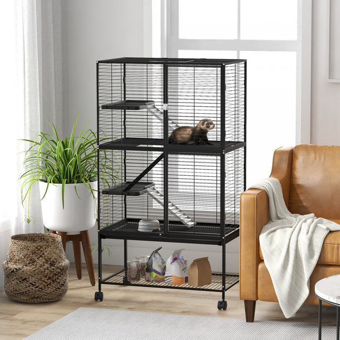 PawHut Cage a 4 Niveaux pour Furet et Chinchilla avec Roulettes, Clapier pour Rat ou Chaton avec Etagere de Rangement, Plateau Amovible, Rampe, 31\" L x 18\" l x 54\" H, Noir