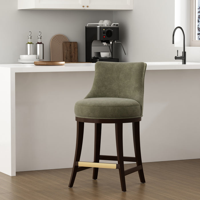 Tabouret de comptoir moderne en bois Lucia avec assise en chenille vert feuille