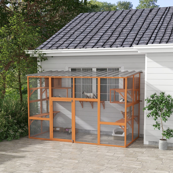 Enclos exterieur pour chats PawHut Catio, grande maison en bois de 193 cm avec niches, plateformes de saut, griffoirs, toit impermeable, cage pour 1 a 5 chatons, orange