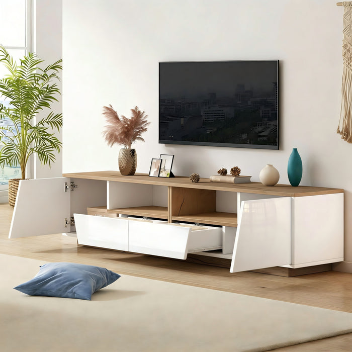 Lumina Meuble TV 64.9 po avec Lumieres LED et Finition Haute Brillance, Blanc/Bois