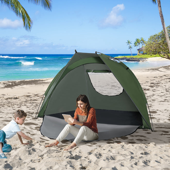 Tente De Plage Abri De Plage Pliable Dim. 2,30l X 1,40l X 1,27h M Fenetre Sac Transport Inclu Polyester Vert