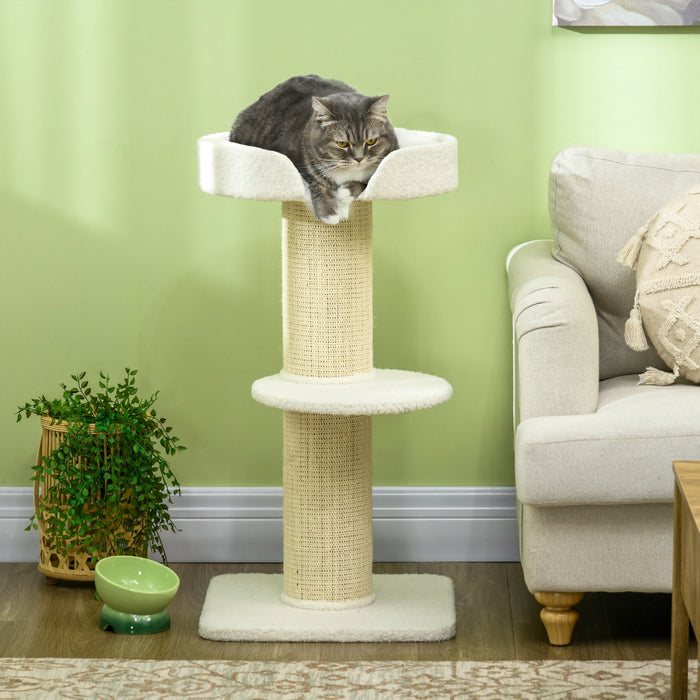 Pawhut Arbre A Chat 36\" Tour Pour Chat A Plusieurs Niveaux Avec Grattoir En Sisal, Lit Pour Chat, Coussin, Perchoir, Blanc Creme