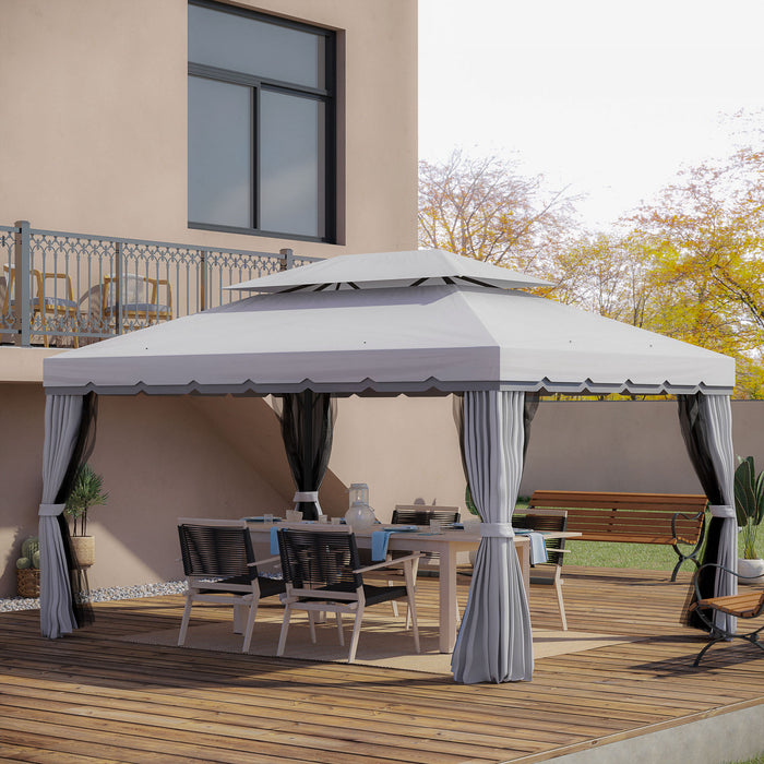 Outsunny Tonnelle Barnum Pavillon De Jardin Style Colonial Double Toit Toile Moustiquaires Et Toiles Amovibles 3,9l X 2,9l X 2,8h M Gris/ Creme