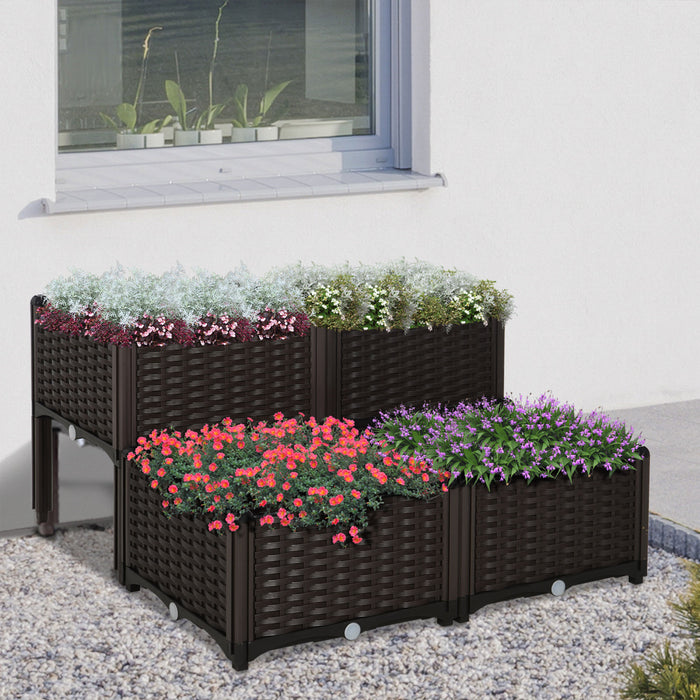 Outsunny Jardiniere Sur Pieds Carre Potager 2 Etages Dim. 80l X 80l X 44h Cm Insert D\u0092irrigation Plastique Imitation Rotin Tresse Chocolat