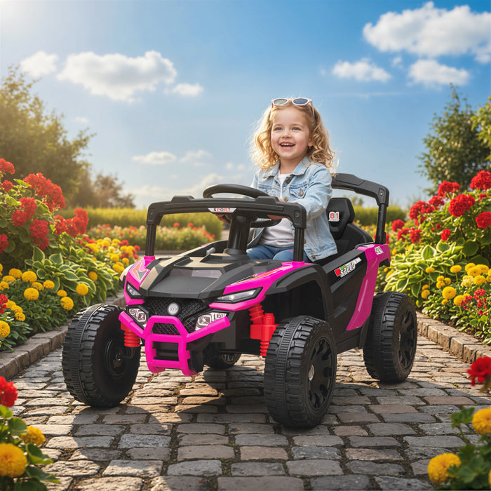 Qaba 12V Kids Ride On Car Truck with Dual Motors, Rear Suspension, Battery Powered Electric Vehicle with Remote Control, LED Lights, Music, Horn for 3-8 Years Boys Girls, Pink