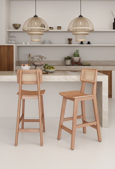 Tabouret de comptoir en bois a dossier cannage style industriel chic Versailles, naturel - Lot de 2