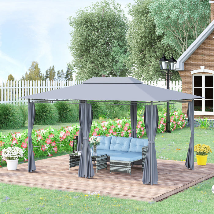 Outsunny 10 'x 13' Gazebo D'exterieur A Toit Souple Avec Rideaux, Tonnelle A Cadre En Acier A 2 Niveaux Pour Terrasse, Gris