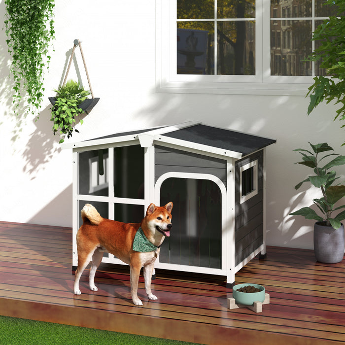Pawhut Maison De Chien En Bois Pour L'exterieur Fond Amovible Niche Surelevee De Style Cabane Toit En Asphalte Ouvrable, Rideau De Porte, Fenetres Laterales Pour Chien De Grande Taille, Gris Fonce