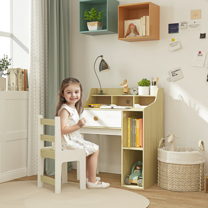 Qaba Ensemble Bureau Et Chaise Pour Enfants Avec Etageres Et Tiroir, Blanc