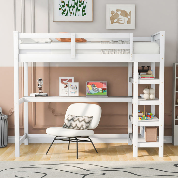 Victoria – Lit Mezzanine Simple En Bois Massif Avec Bureau, Etageres De Rangement Et Eclairage Del – Blanc