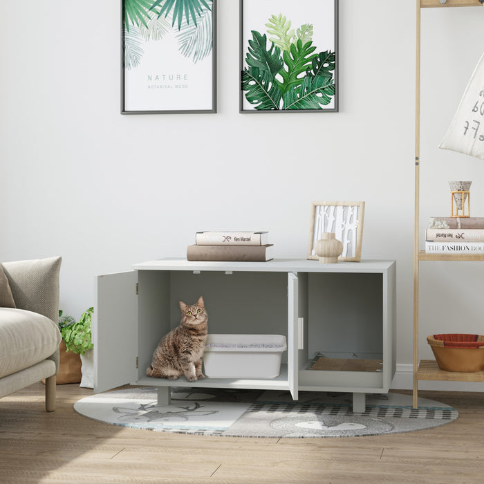 Pawhut Toilettes Pour Chat En Bois Boite A Litiere Pour Animal Domestique Enclos Chaton Maison Table De Chevet Table De Chevet Avec Grattoir Portes Magnetiques Gris
