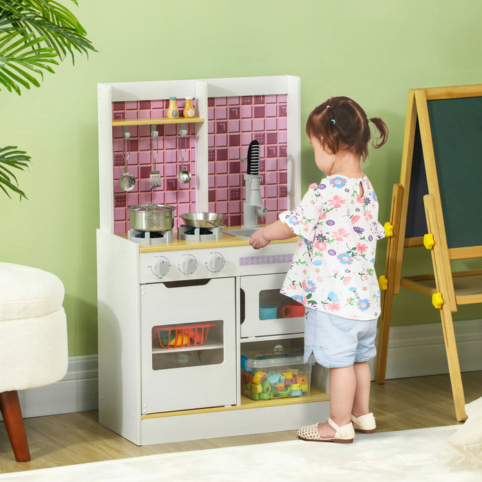 Qaba Cuisine De Jeu Pour Enfants Avec Lumieres Et Sons Realistes, Evier, Four, Cuisiniere, Cuisine De Jeu Pour Les Enfants, Cadeau Pour Filles Et Garcons, A Partir De 3 Ans, Blanc