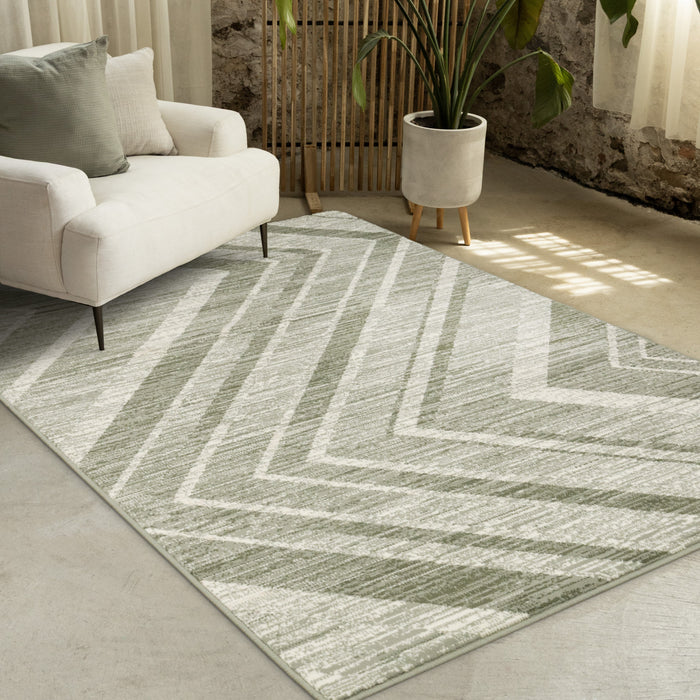 Tapis Florence vert et blanc a motif chevron vieilli, 7'9\" x 10'6\"