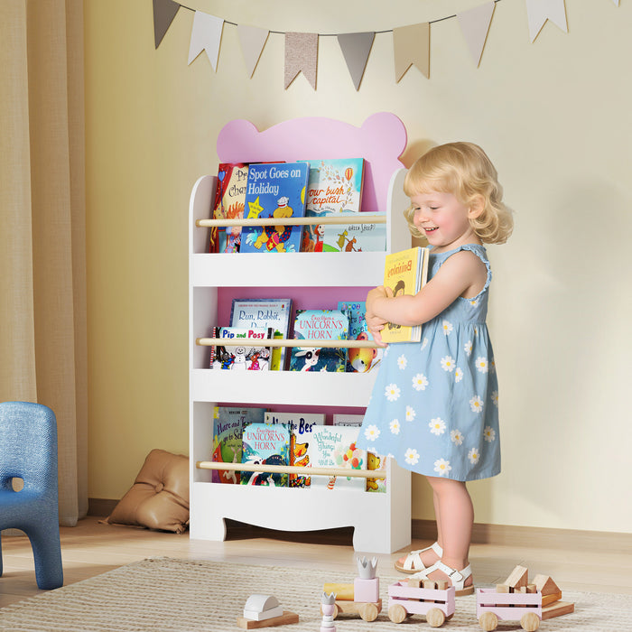 Qaba Bibliotheque Pour Enfants, Etagere De Rangement A 3 Niveaux, Rose