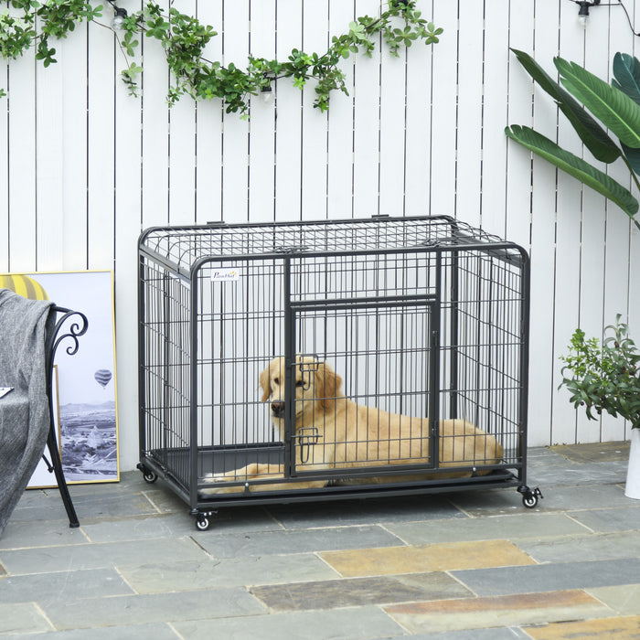 Pawhut Cage Et Niche Pliable En Metal Robuste Pour Chien Avec Plateau Et Couvercle Amovibles Et 4 Roues Verrouillables, Interieur/exterieur 43\"