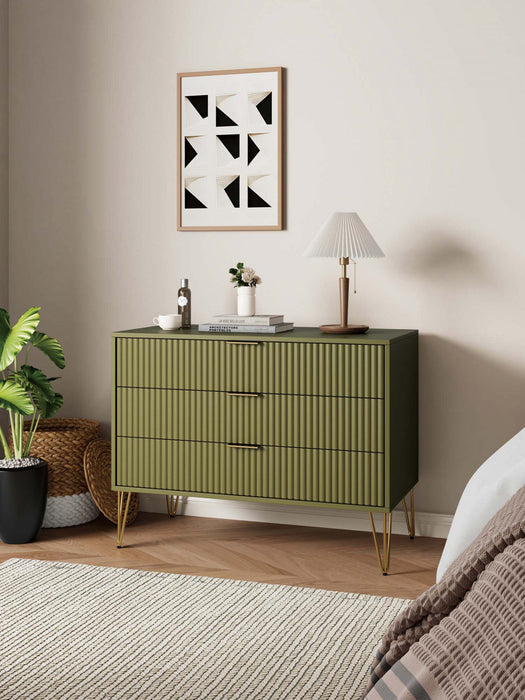 Commode moderne Dumbo 35\" a cannelures, vert olive (3 tiroirs)