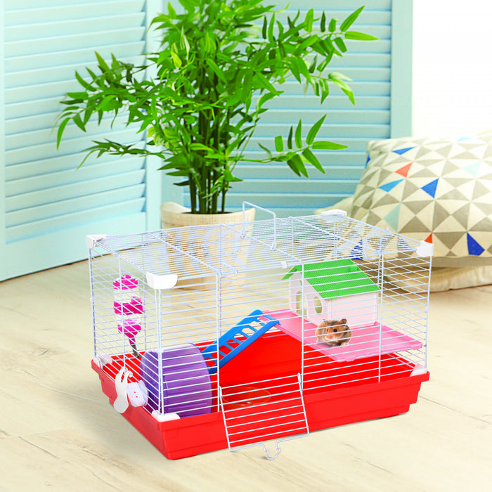 Pawhut Cage Pour Hamster 18.5\" Avec Roue D'exercice Et Plats Pour Bouteille D'eau, Maison Pour Rat Et Habitats A 2 Etages, Rouge