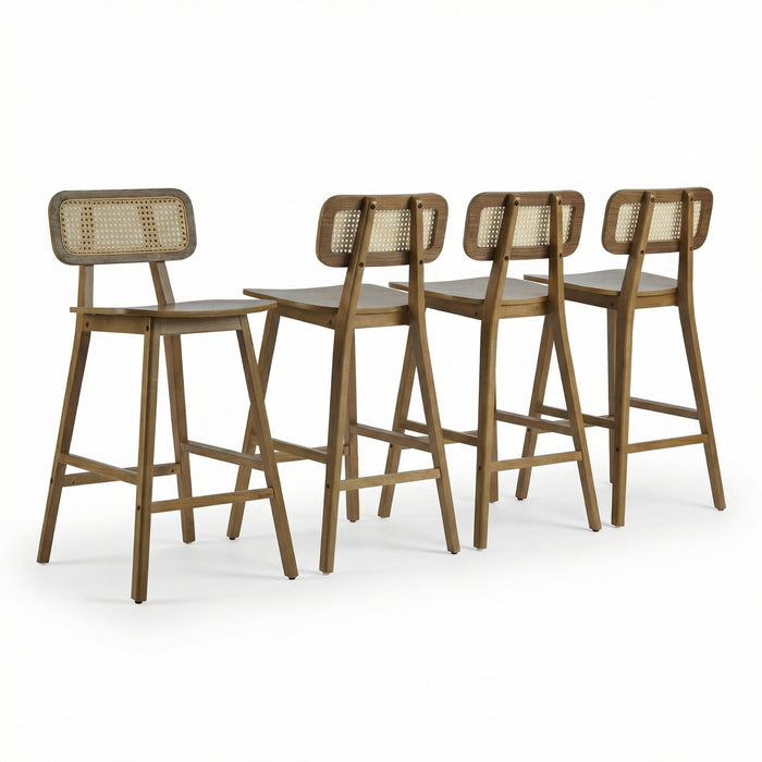 Bari – Lot de 4 tabourets de comptoir en bois d’hevea avec dossier en rotin et repose-pieds, finition noyer