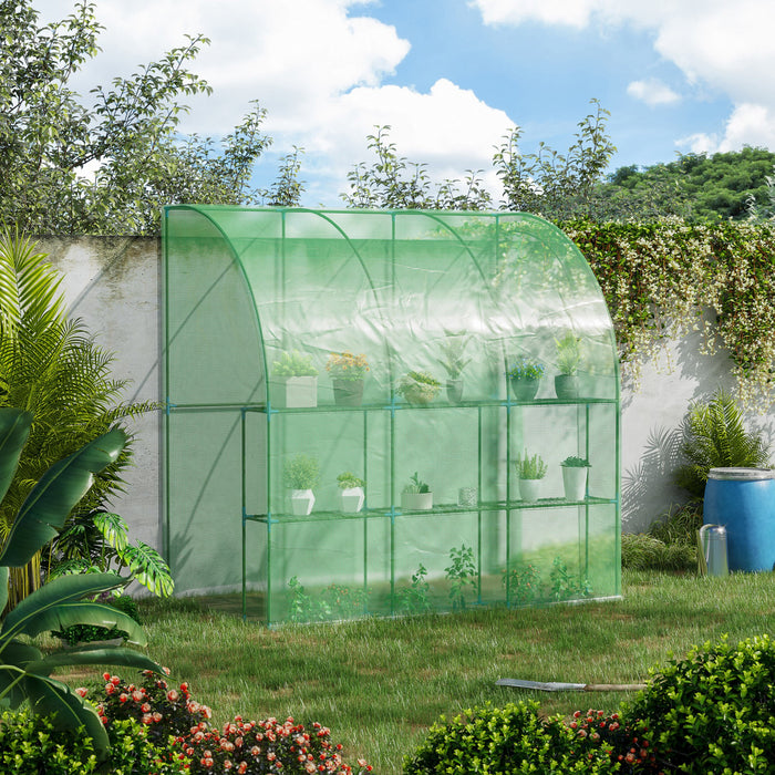 Outsunny 7' X 4' X 7' Serre De Jardin Adossee Avec Etageres A Fleurs 2 Niveuax Porte Zippee Enroulable, Acier Bache Pe Haute Densite Anti-uv Vert