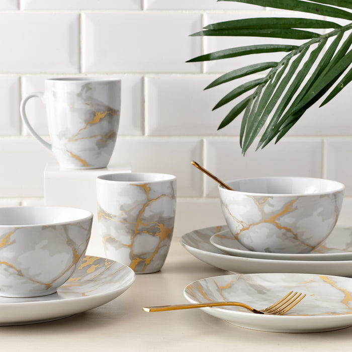Ensemble de Vaisselle Complet 20 Pieces en Porcelaine Effet Marbre Gris et Or